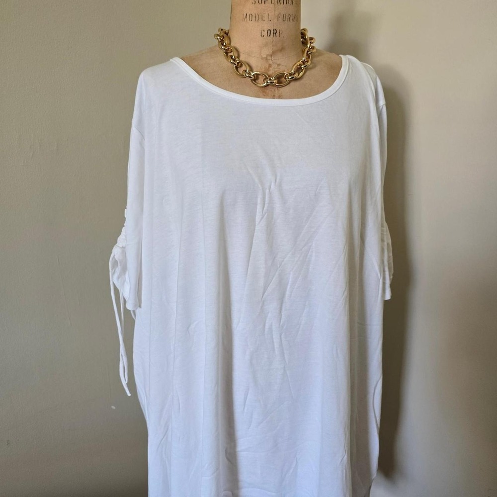 Woman Within 5X white 100% cotton ruched sleeve top